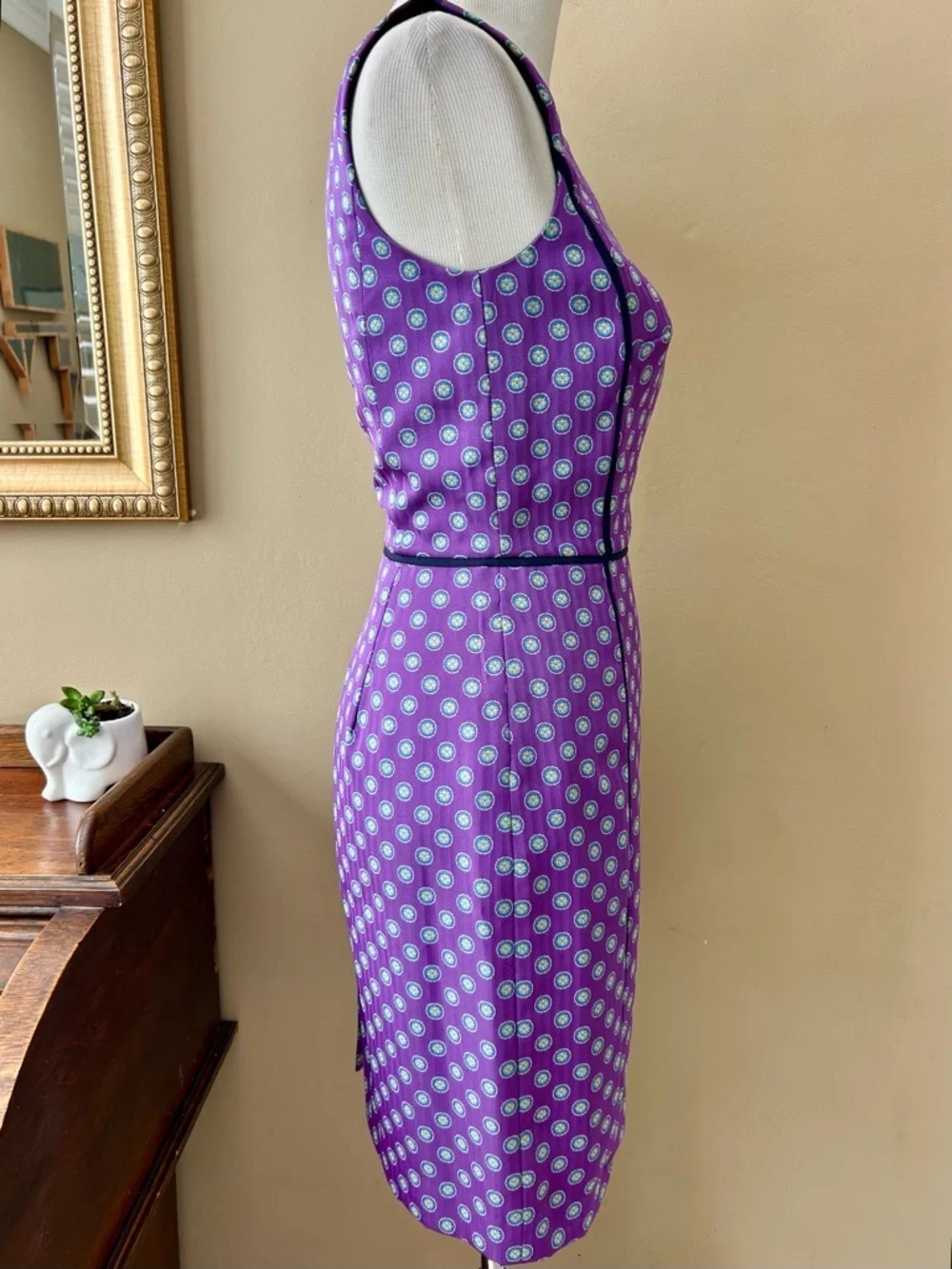 J Crew Sleeveless Sheath Dress Purple Medallion Foulard Print Size 2 Career Work